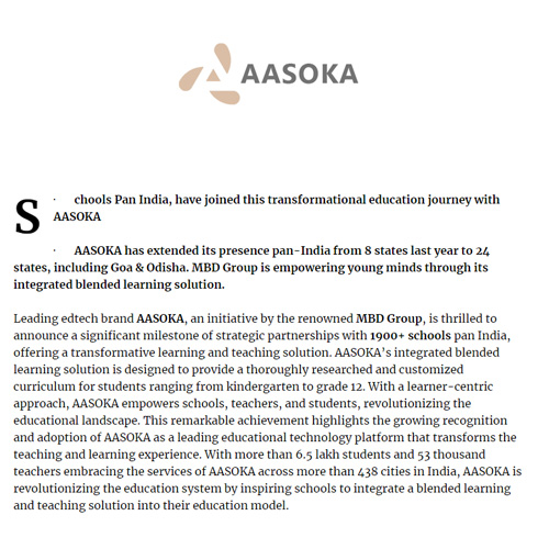 1900+ SCHOOLS PARTNER WITH ED-TECH BRAND “AASOKA” OF MBD GROUP TO AID 21ST CENTURY LEARNING FOR STUDENTS