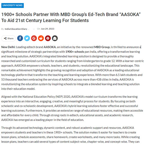 1900+ Schools Partner with Ed-Tech Brand “AASOKA” to Aid 21st Century Learning for Students