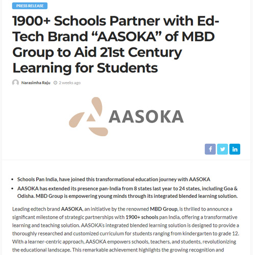 1900+ Schools Partner with Ed-Tech Brand “AASOKA” of MBD Group to Aid 21st Century Learning for Students