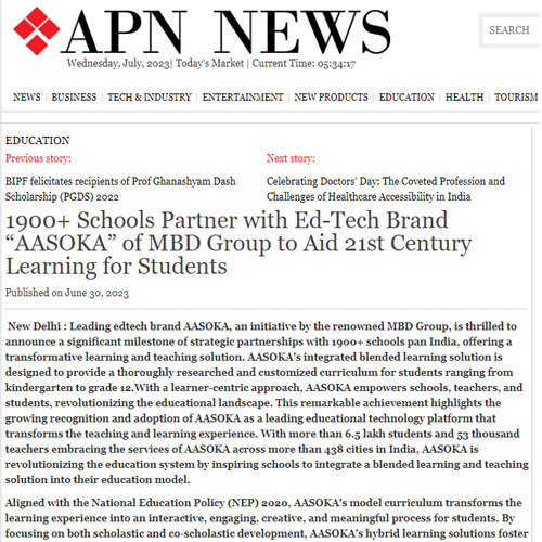 1900+ Schools Partner with Ed-Tech Brand “AASOKA” of MBD Group to Aid 21st Century Learning for Students