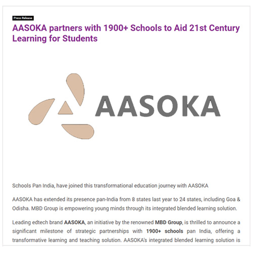 AASOKA partners with 1900+ Schools to Aid 21st Century Learning for Students